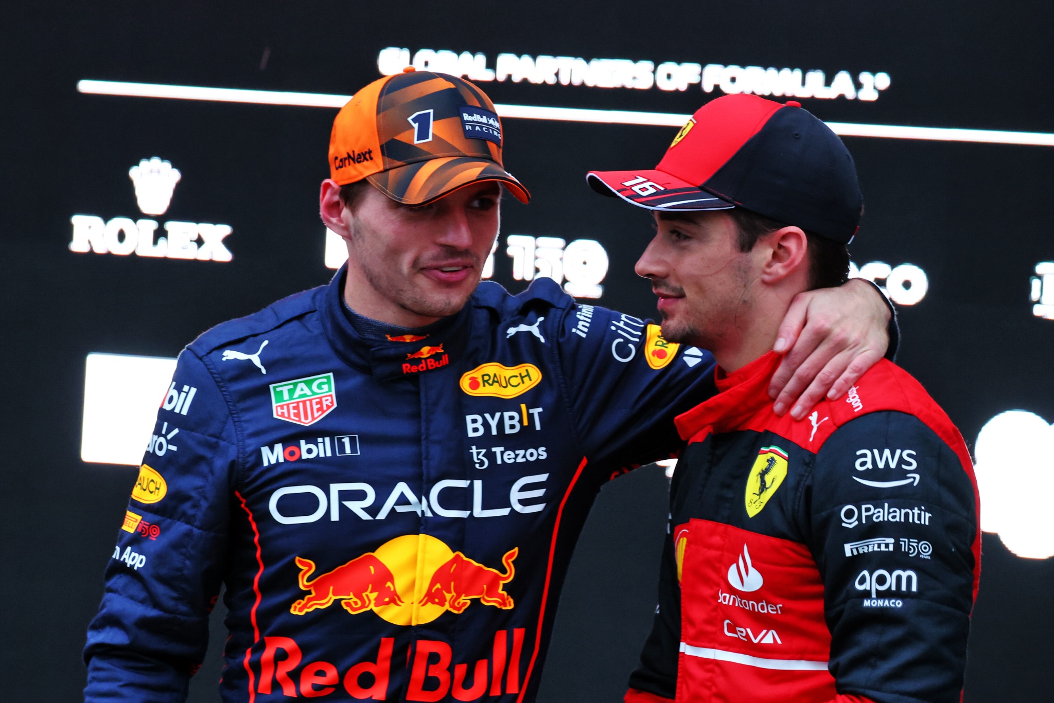 (L to R): race winner Max Verstappen (NLD) Red Bull Racing with Charles Leclerc (MON) Ferrari in parc ferme. Formula 1
