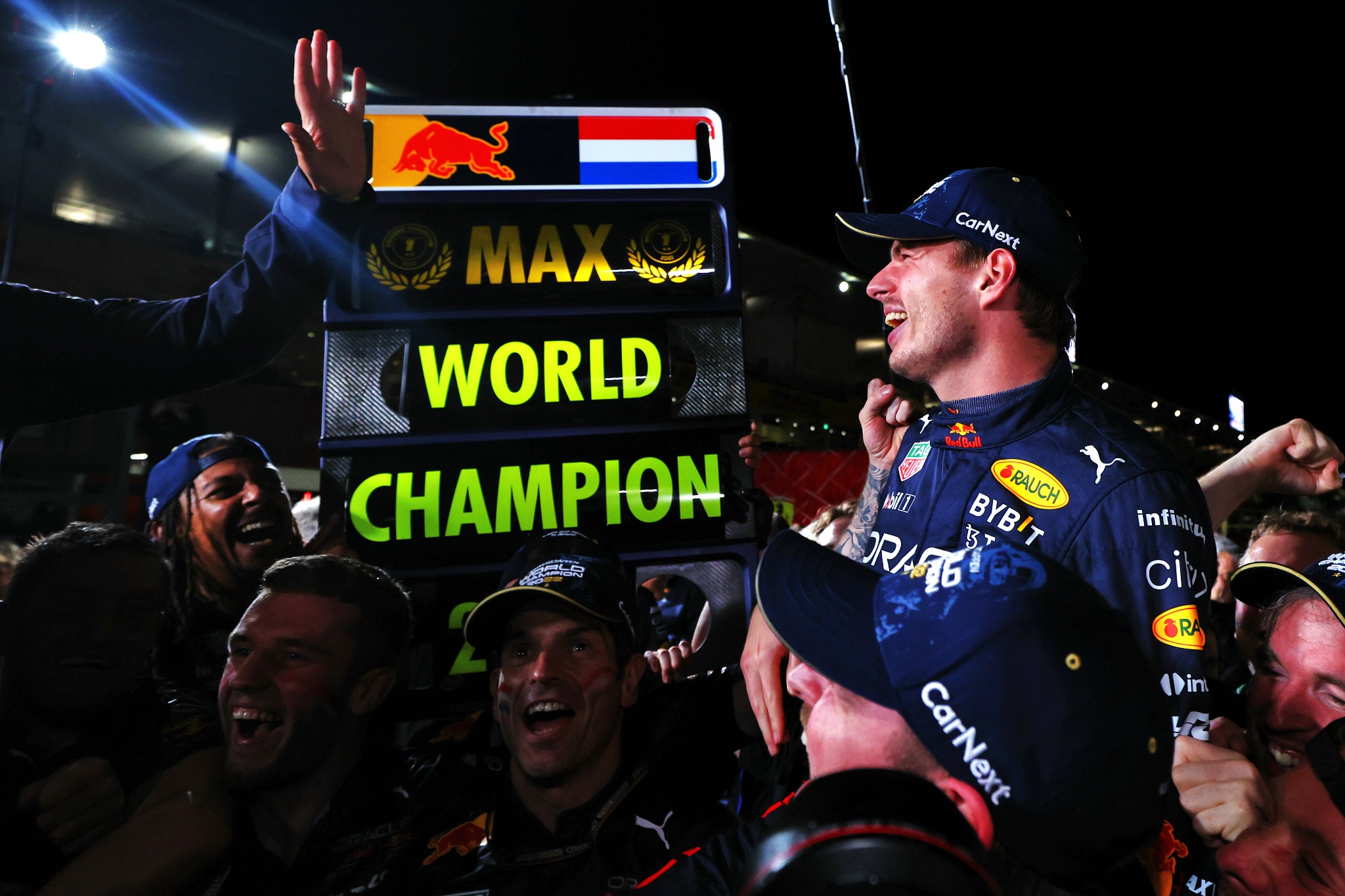Race winner Max Verstappen (NLD) Red Bull Racing celebrates winning the World Championship with the team. Formula 1 World