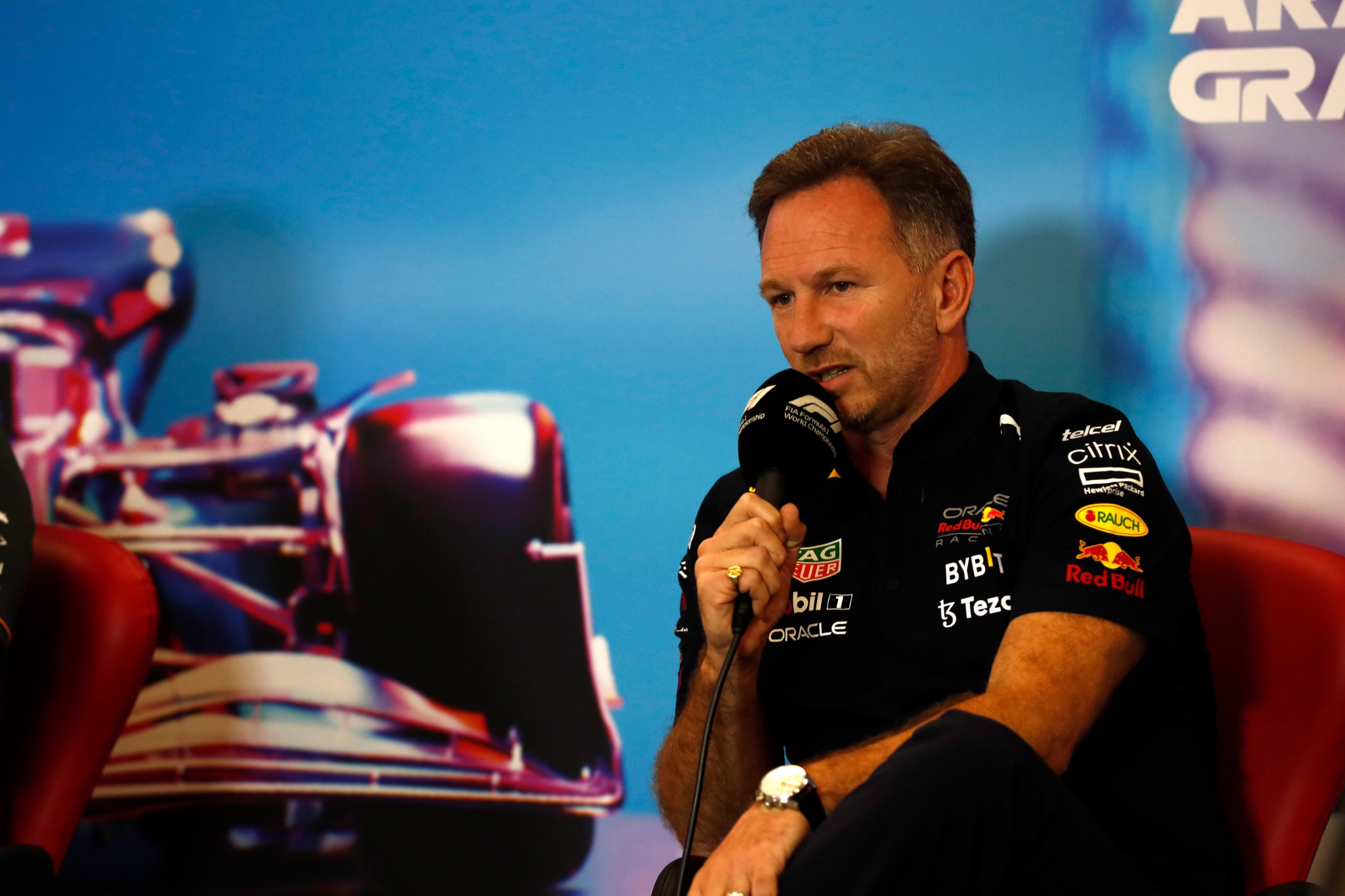 Christian Horner (GBR) Red Bull Racing Team Principal in the FIA Press Conference. Formula 1 World Championship, Rd 19,