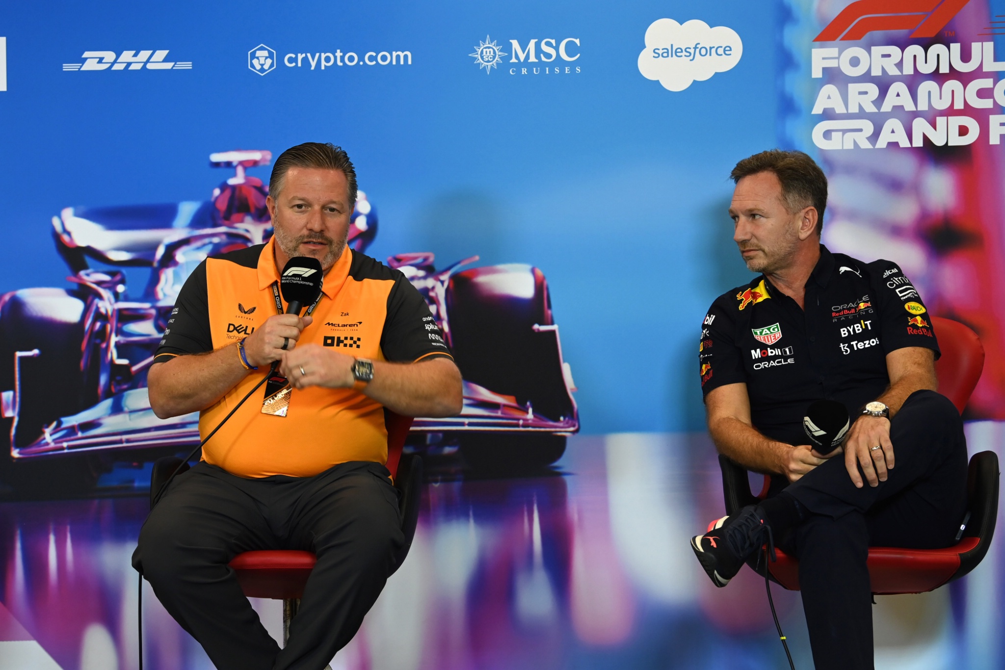 (L to R): Zak Brown (USA) McLaren Executive Director and Christian Horner (GBR) Red Bull Racing Team Principal in the FIA