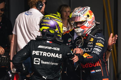 Race winner Max Verstappen (NLD) Red Bull Racing (Right) with second placed Lewis Hamilton (GBR) Mercedes AMG F1 in parc