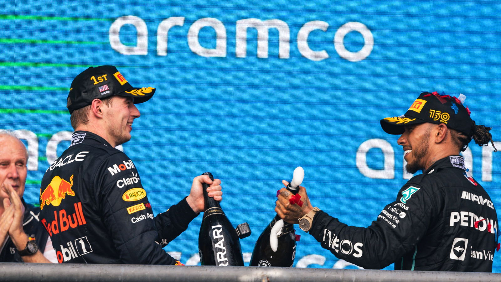 (L to R): Race winner Max Verstappen (NLD) Red Bull Racing celebrates with Lewis Hamilton (GBR) Mercedes AMG F1 on the