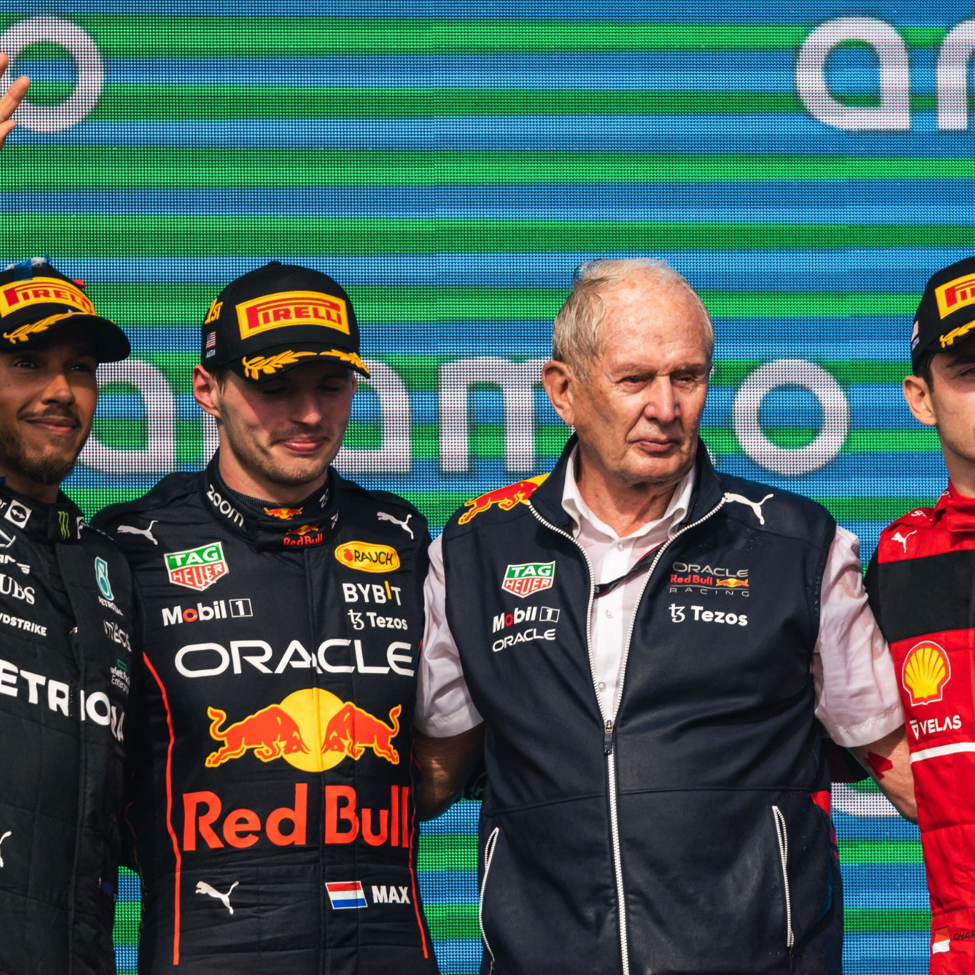 The podium (L to R): Lewis Hamilton (GBR) Mercedes AMG F1, second; Max Verstappen (NLD) Red Bull Racing, race winner; Dr