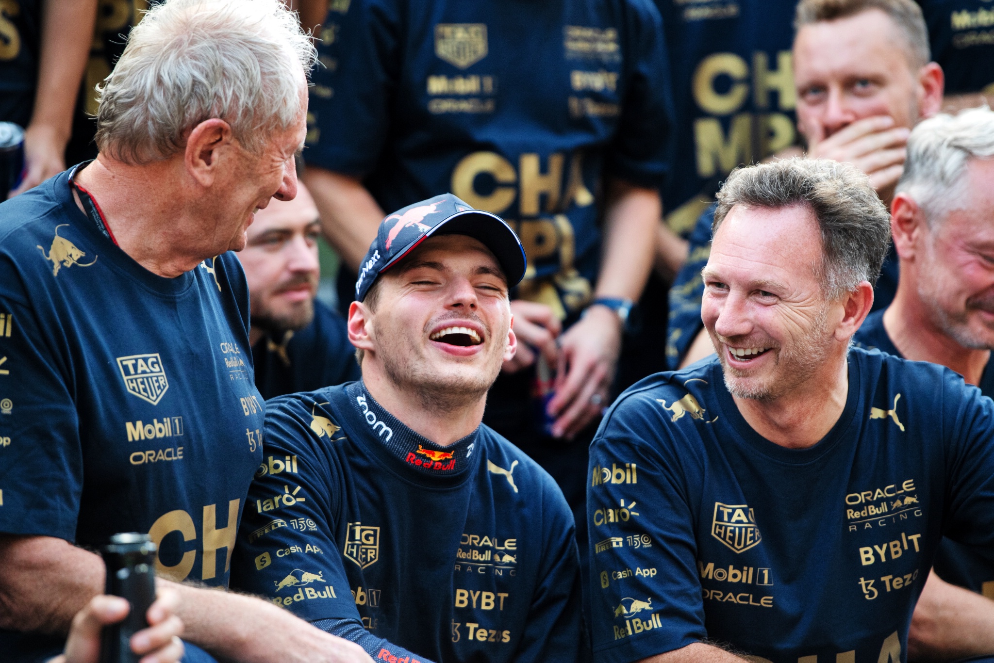 (L to R): Dr Helmut Marko (AUT) Red Bull Motorsport Consultant; Max Verstappen (NLD) Red Bull Racing; and Christian Horner
