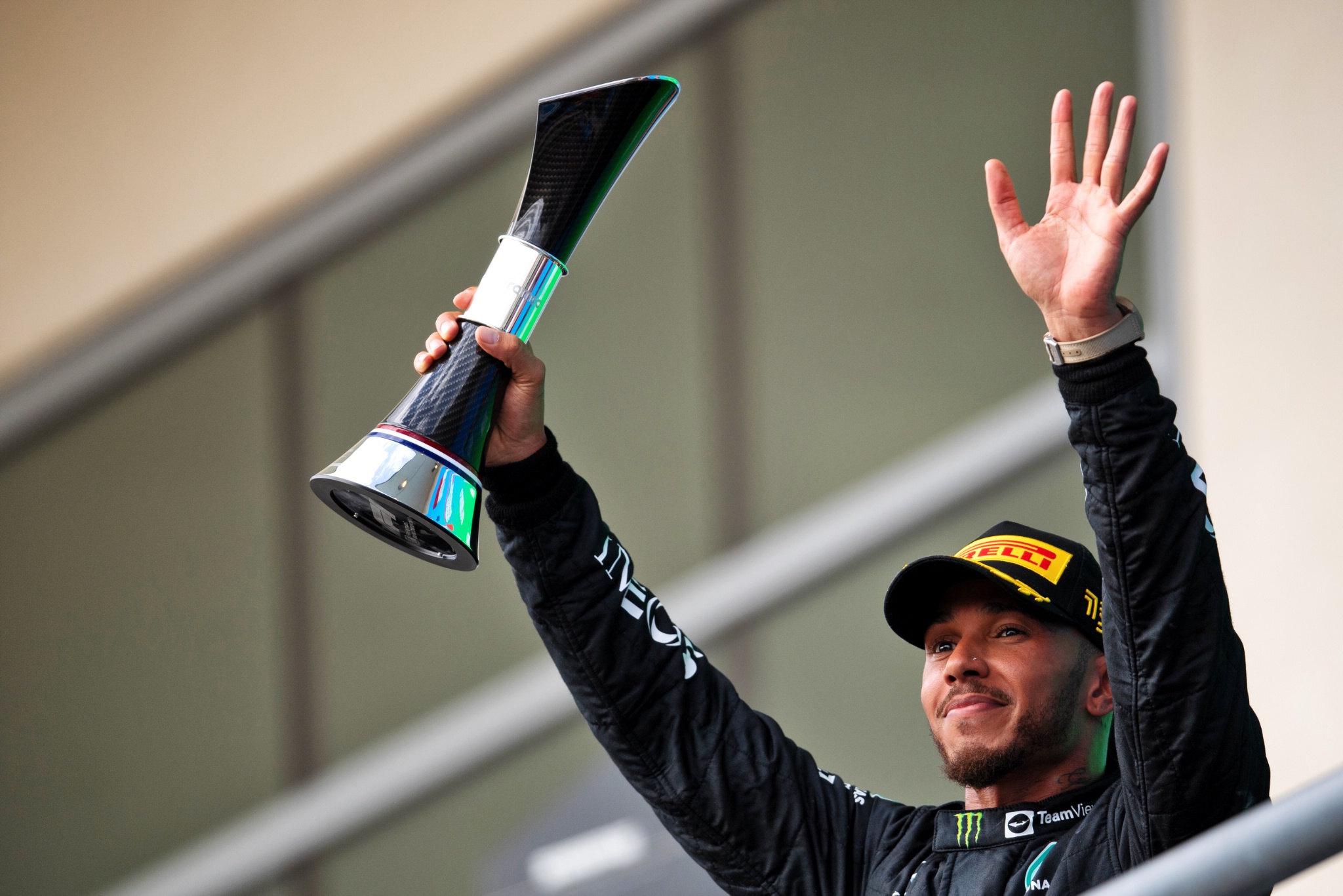 Lewis Hamilton (GBR) Mercedes AMG F1 celebrates his second position on the podium. Formula 1 World Championship, Rd 19,