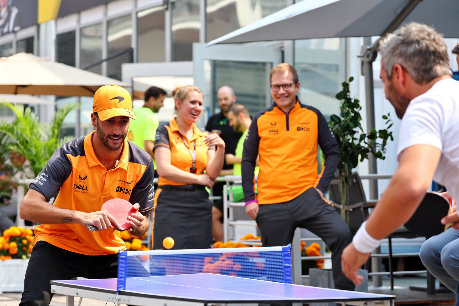Daniel Ricciardo (AUS) McLaren plays table tennis in the paddock with Timo Glock (GER). Formula 1 World Championship, Rd