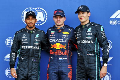 Qualifying top three in parc ferme (L to R): Lewis Hamilton (GBR) Mercedes AMG F1, third; Max Verstappen (NLD) Red Bull