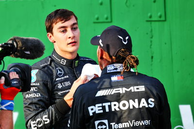 (L to R): George Russell (GBR) Mercedes AMG F1 with team mate Lewis Hamilton (GBR) Mercedes AMG F1 in Sprint parc ferme.
