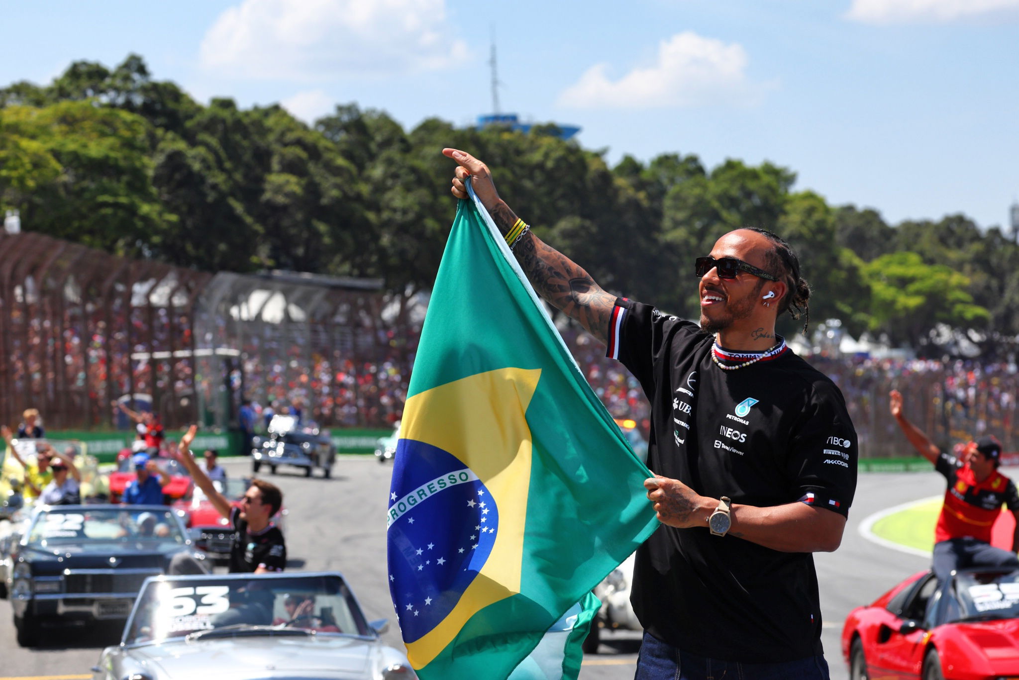 Lewis Hamilton (GBR) Mercedes AMG F1 on the drivers parade. Formula 1 World Championship, Rd 21, Brazilian Grand Prix, Sao