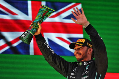 Lewis Hamilton (GBR) Mercedes AMG F1 celebrates his second position on the podium. Formula 1 World Championship, Rd 21,