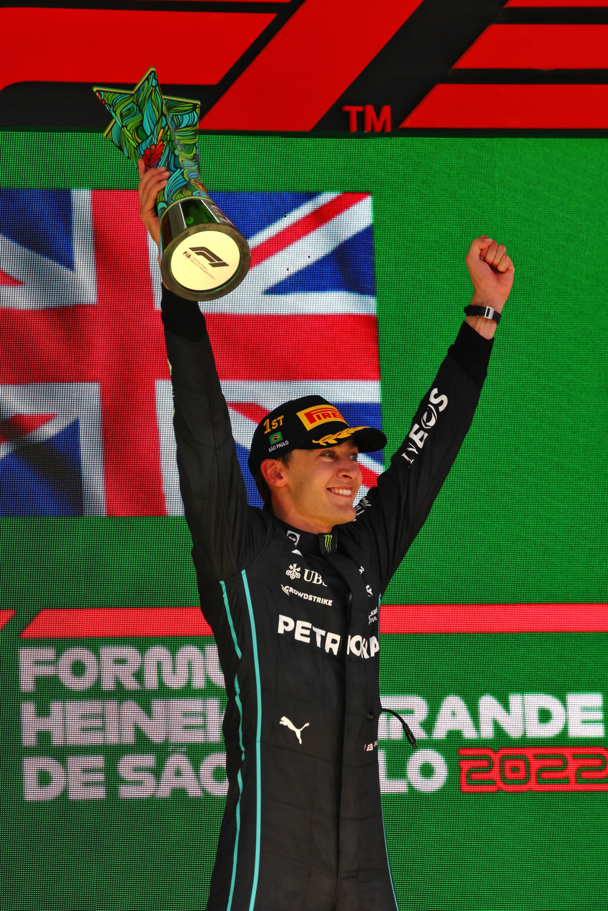 Race winner George Russell (GBR) Mercedes AMG F1 celebrates on the podium. Formula 1 World Championship, Rd 21, Brazilian