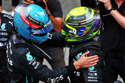 Race winner George Russell (GBR) Mercedes AMG F1 with second placed team mate Lewis Hamilton (GBR) Mercedes AMG F1 in parc