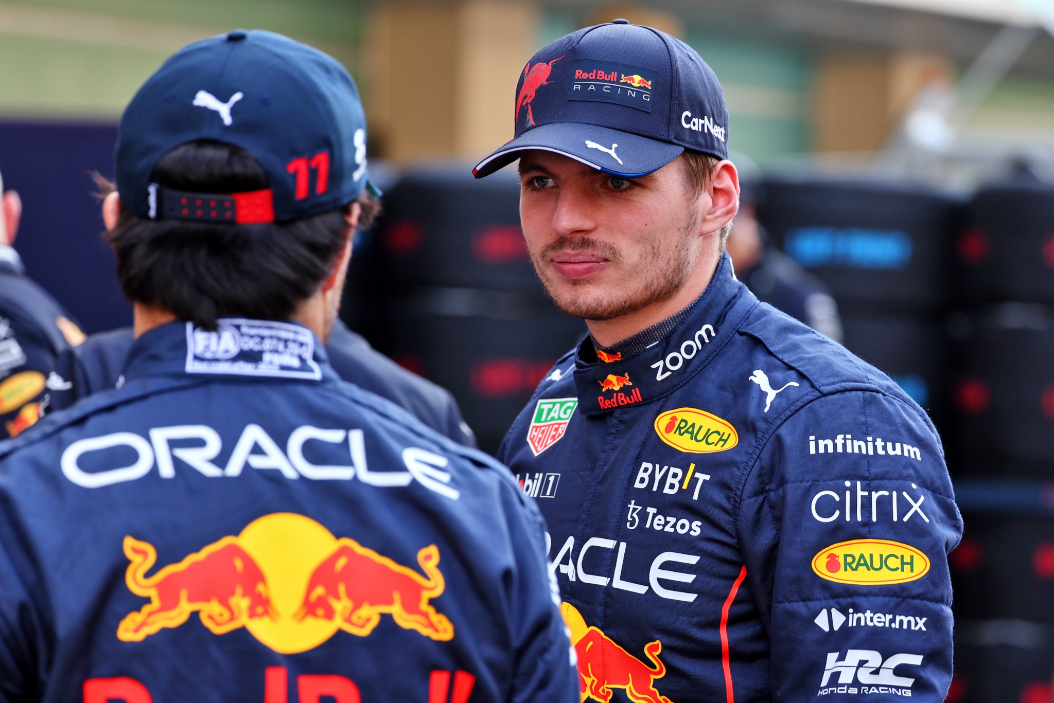(L to R): Sergio Perez (MEX) Red Bull Racing with Max Verstappen (NLD) Red Bull Racing at a team photograph. Formula 1
