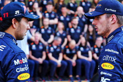 (L to R): Sergio Perez (MEX) Red Bull Racing with Max Verstappen (NLD) Red Bull Racing at a team photograph. Formula 1