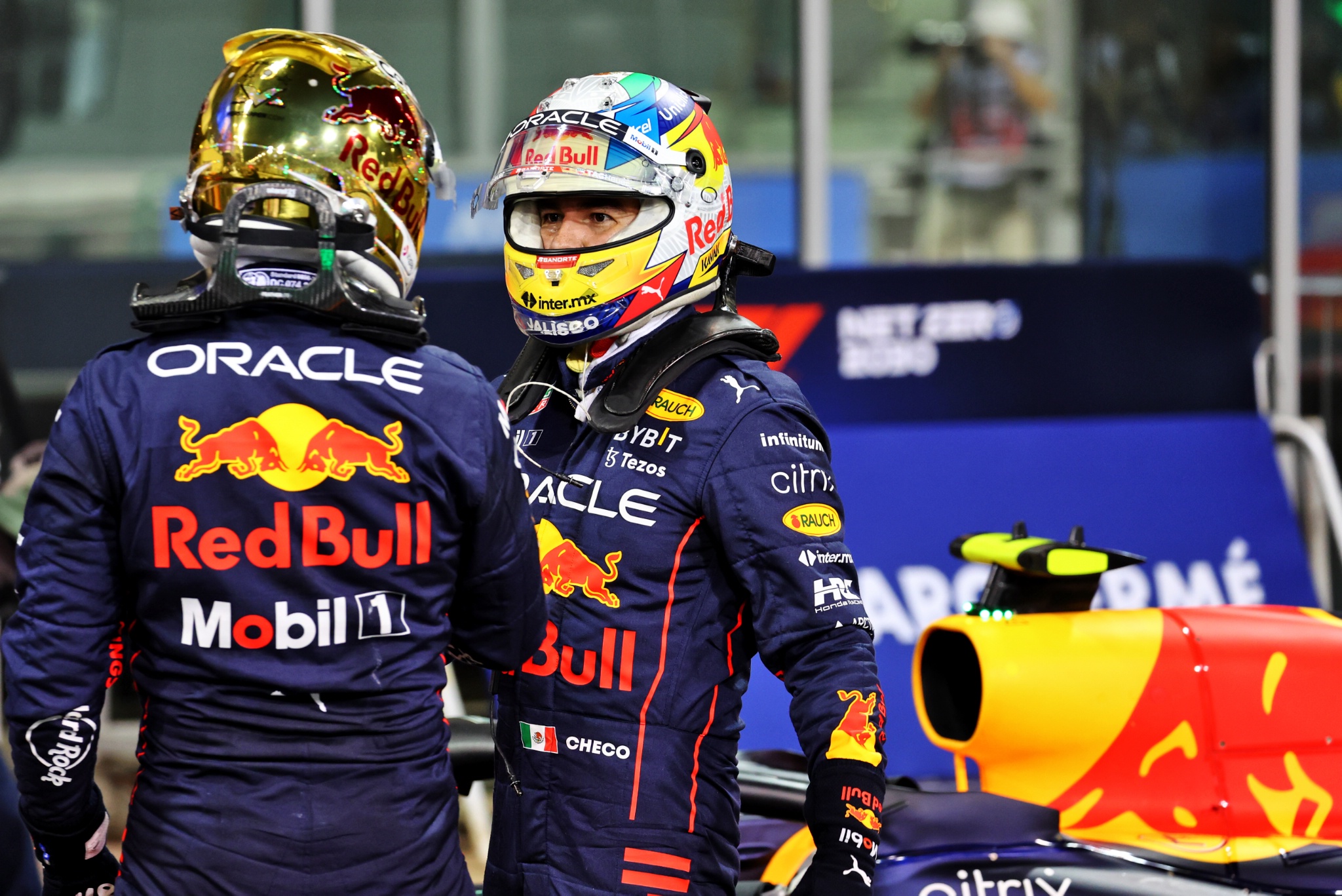 Sergio Perez (MEX) Red Bull Racing (Right) in qualifying parc ferme with team mate Max Verstappen (NLD) Red Bull Racing.