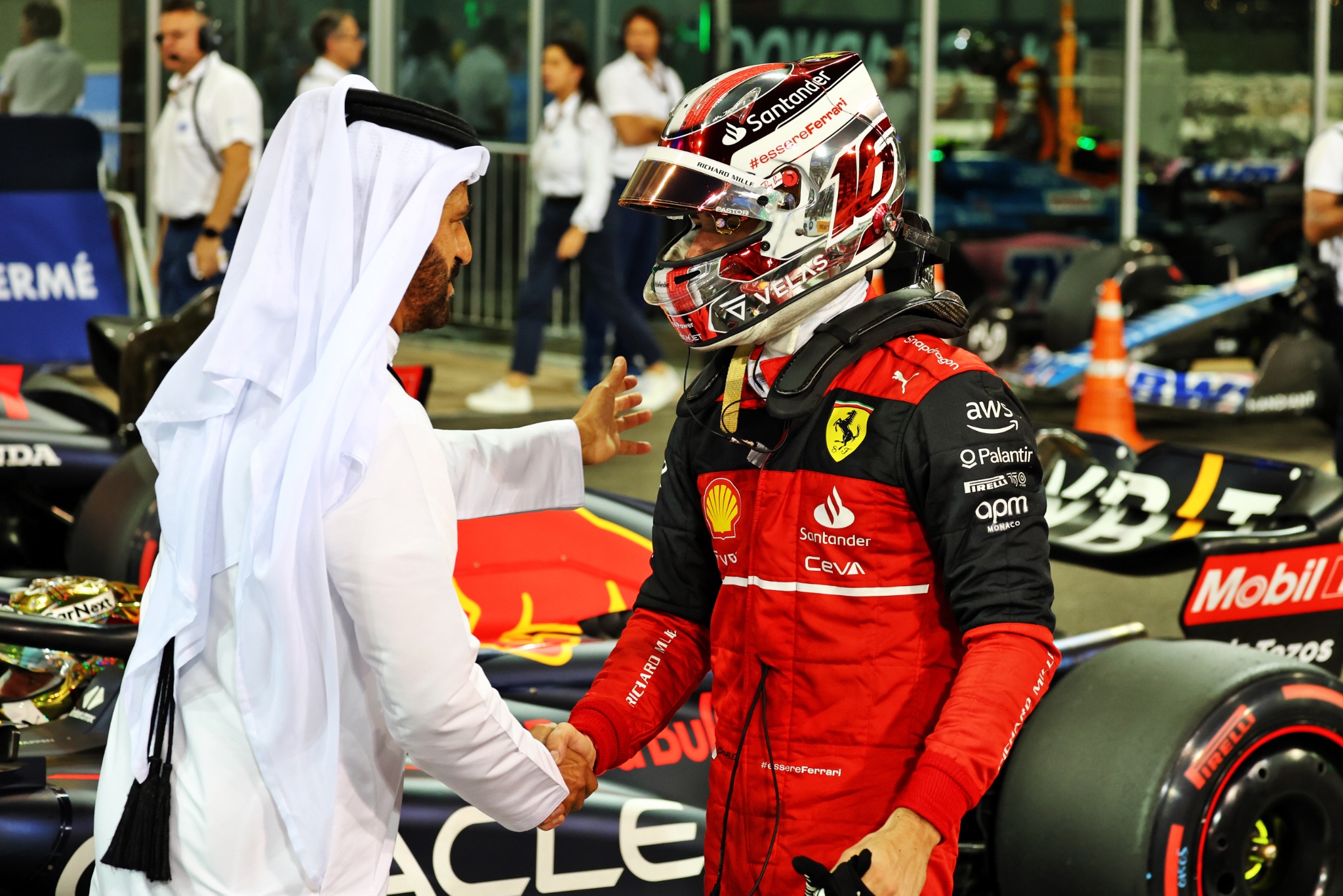 (L to R): Mohammed Bin Sulayem (UAE) FIA President with Charles Leclerc (MON) Ferrari in qualifying parc ferme. Formula 1