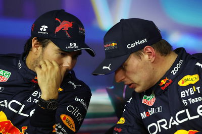 (L to R): Sergio Perez (MEX) Red Bull Racing and Max Verstappen (NLD) Red Bull Racing in the post qualifying FIA Press