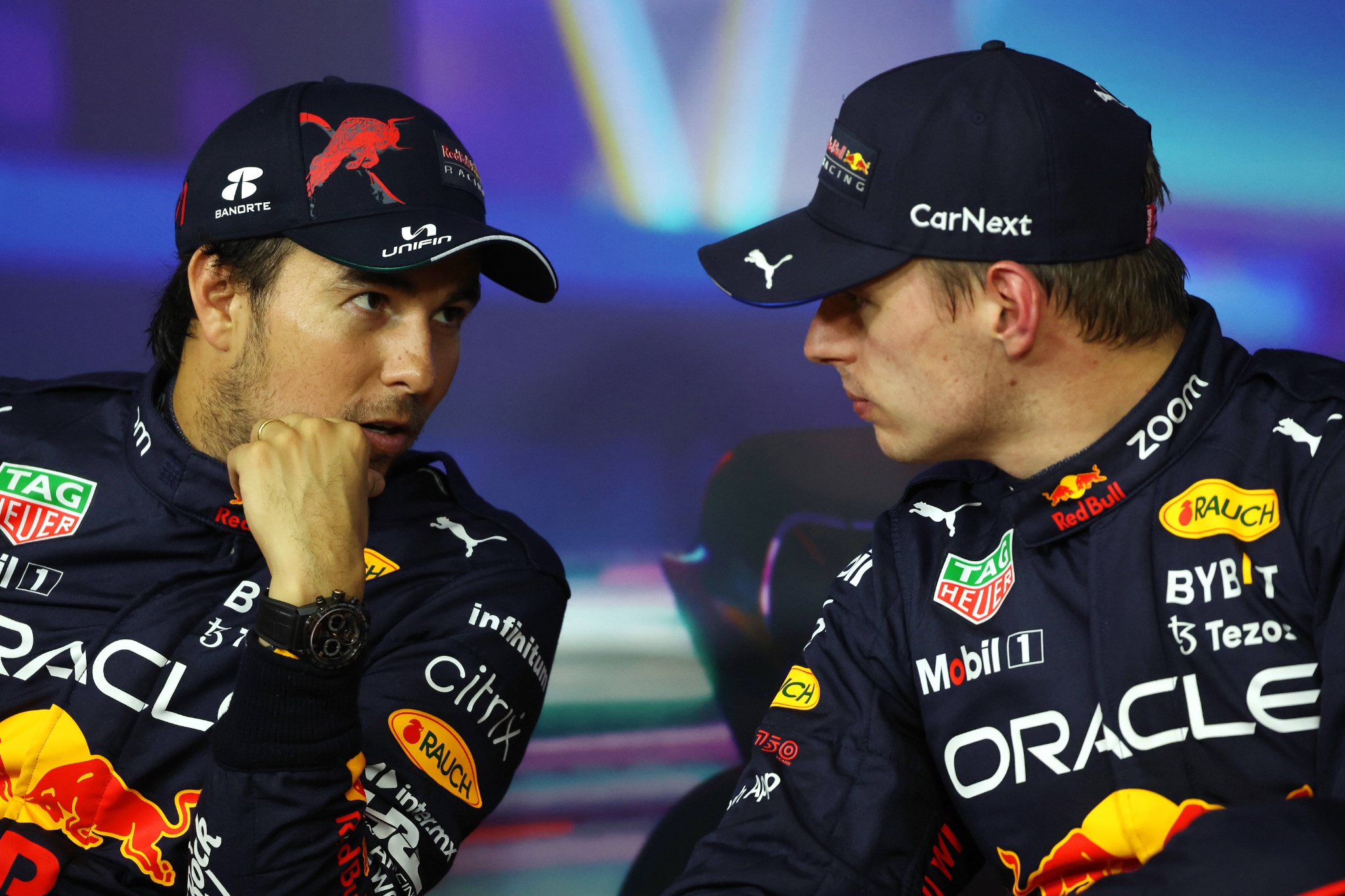 (L to R): Sergio Perez (MEX) Red Bull Racing and Max Verstappen (NLD) Red Bull Racing in the post qualifying FIA Press
