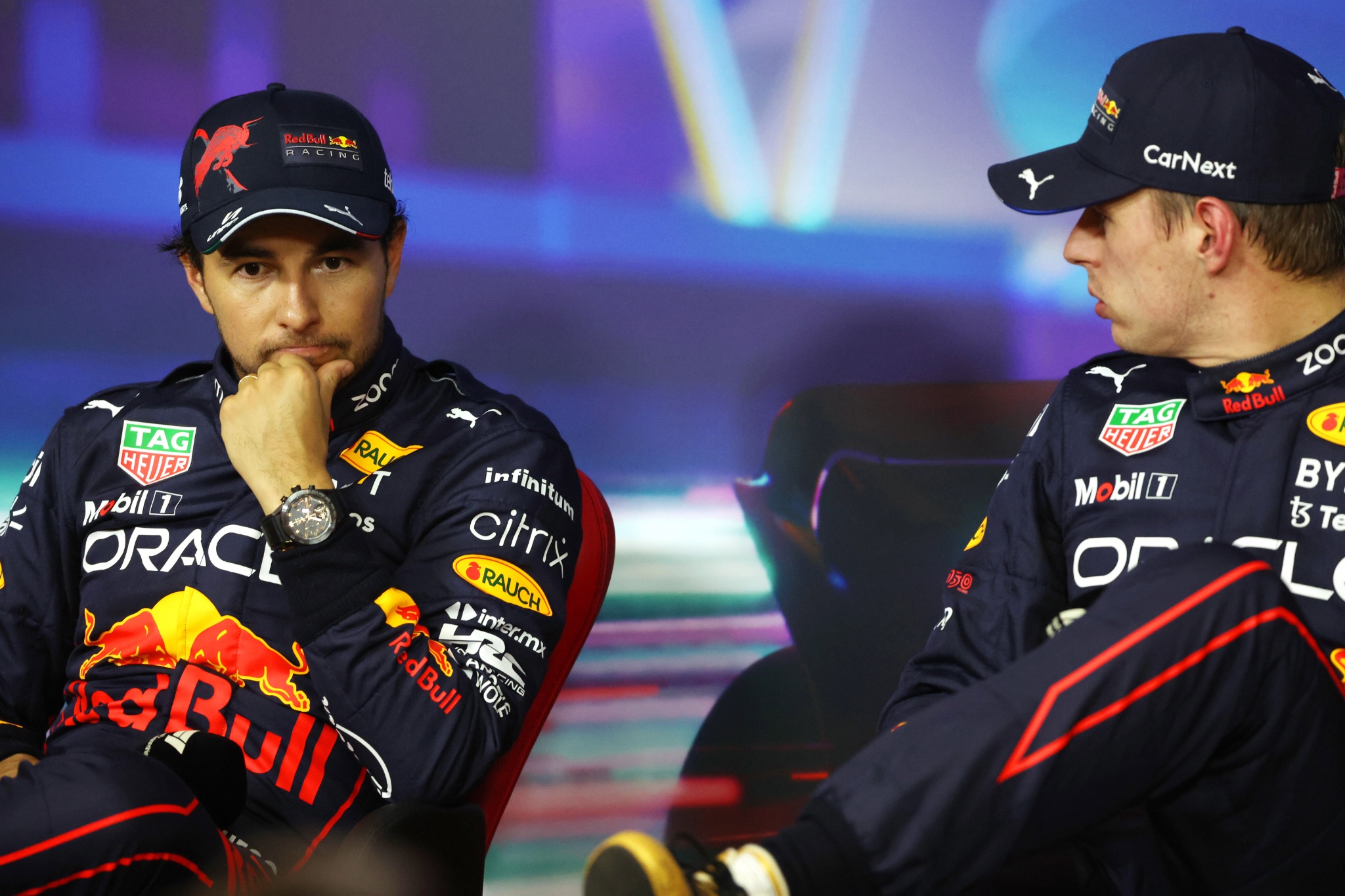 (L to R): Sergio Perez (MEX) Red Bull Racing and Max Verstappen (NLD) Red Bull Racing in the post qualifying FIA Press
