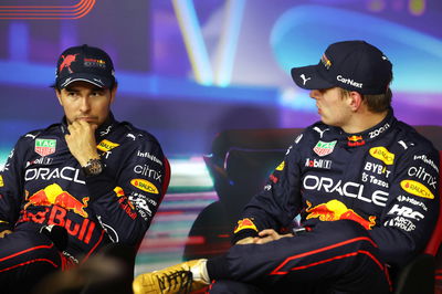 (L to R): Sergio Perez (MEX) Red Bull Racing and Max Verstappen (NLD) Red Bull Racing in the post qualifying FIA Press