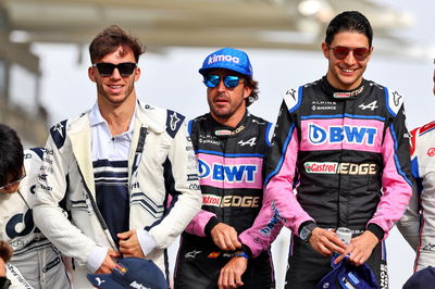 (L to R): Fernando Alonso (ESP) Alpine F1 Team; Esteban Ocon (FRA) Alpine F1 Team; and Mick Schumacher (GER) Haas F1 Team,