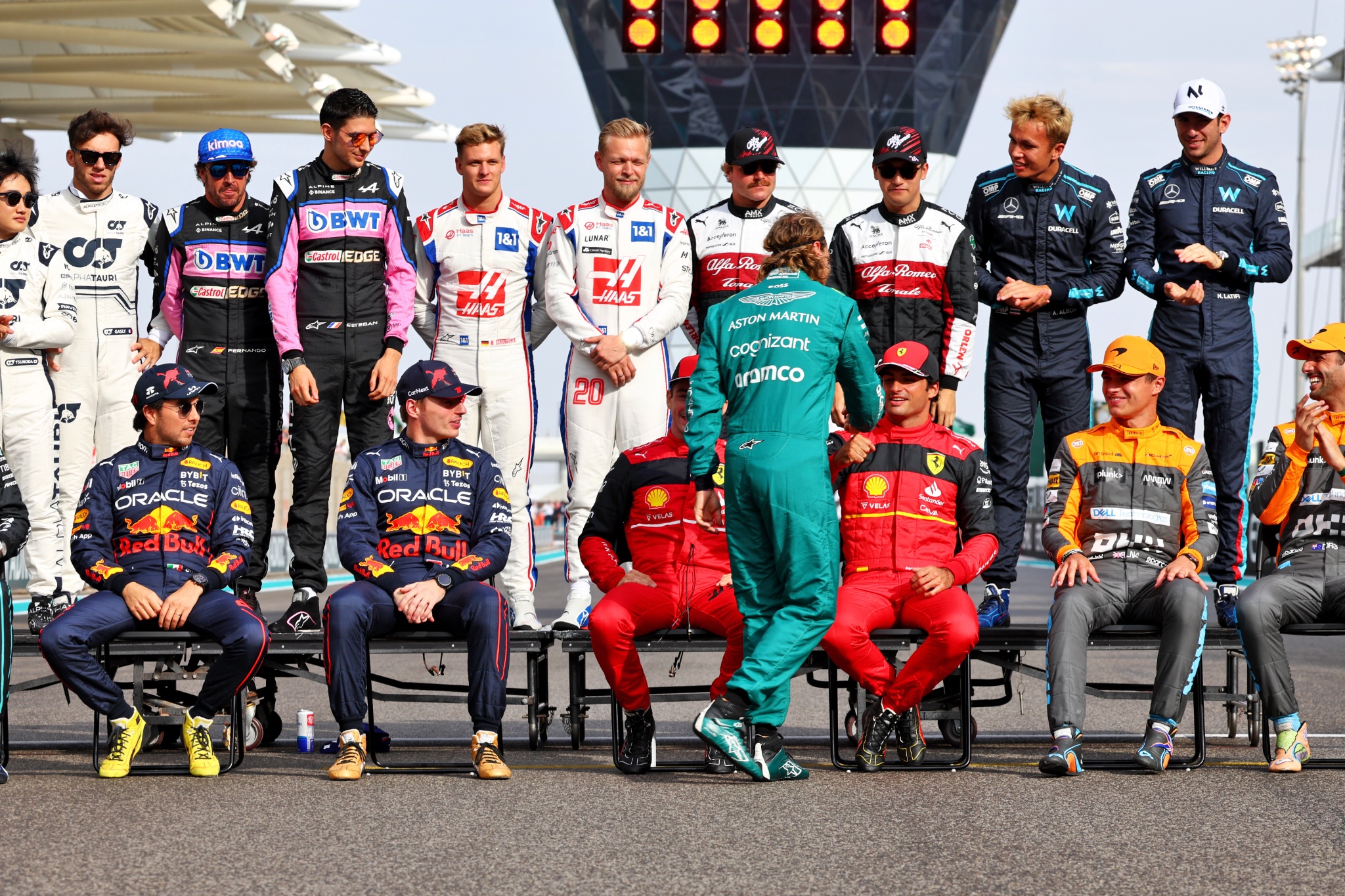 Sebastian Vettel (GER) Aston Martin F1 Team at the end of year drivers' photograph. Formula 1 World Championship, Rd 22,