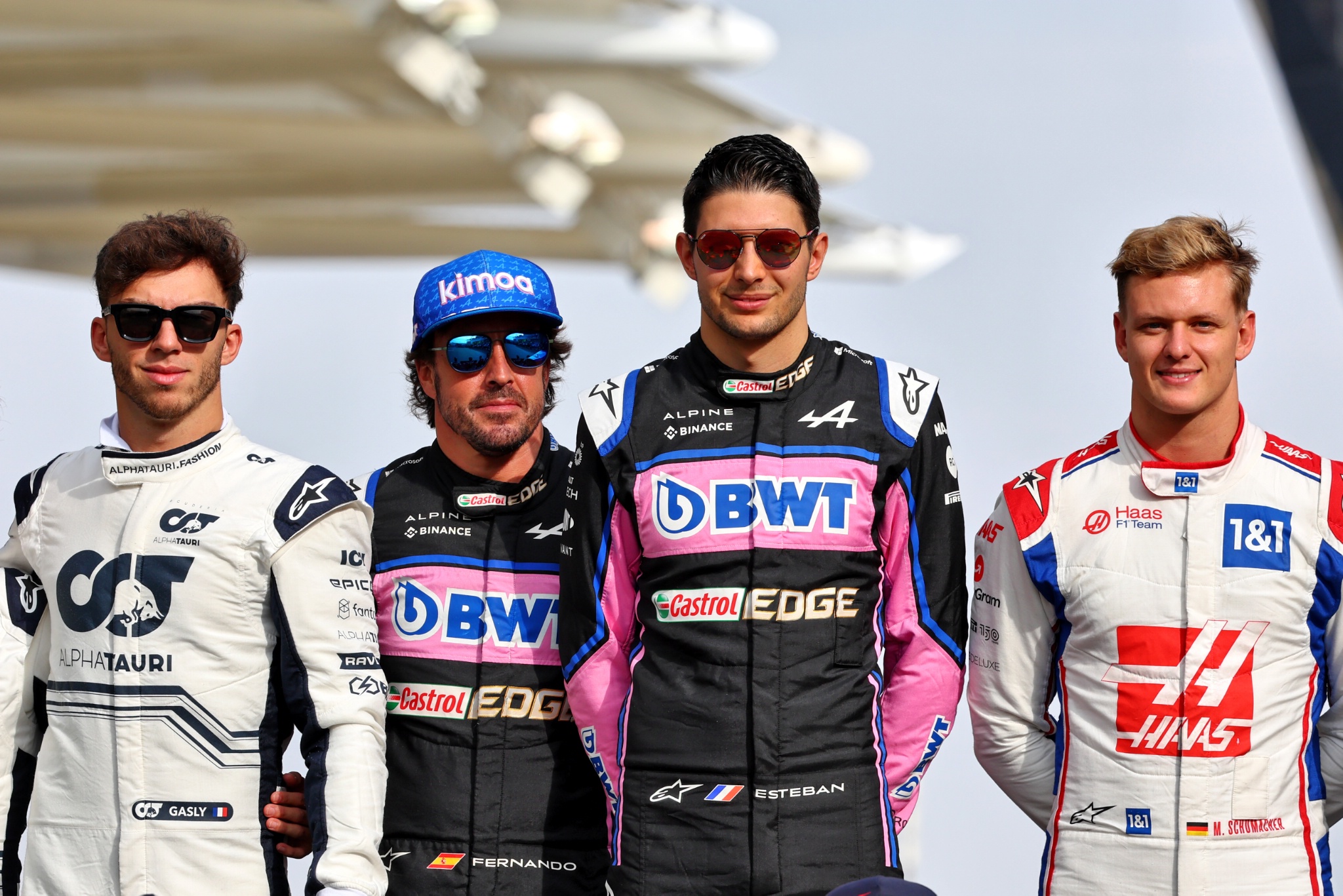 (L to R): Pierre Gasly (FRA) AlphaTauri; Fernando Alonso (ESP) Alpine F1 Team; Esteban Ocon (FRA) Alpine F1 Team; and Mick