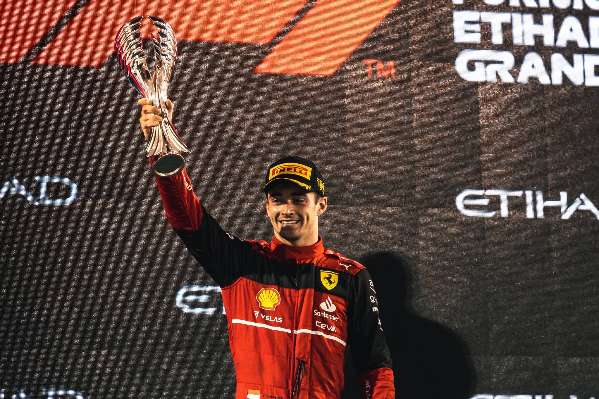 Charles Leclerc (MON) Ferrari celebrates his second position on the podium. Formula 1 World Championship, Rd 22, Abu Dhabi