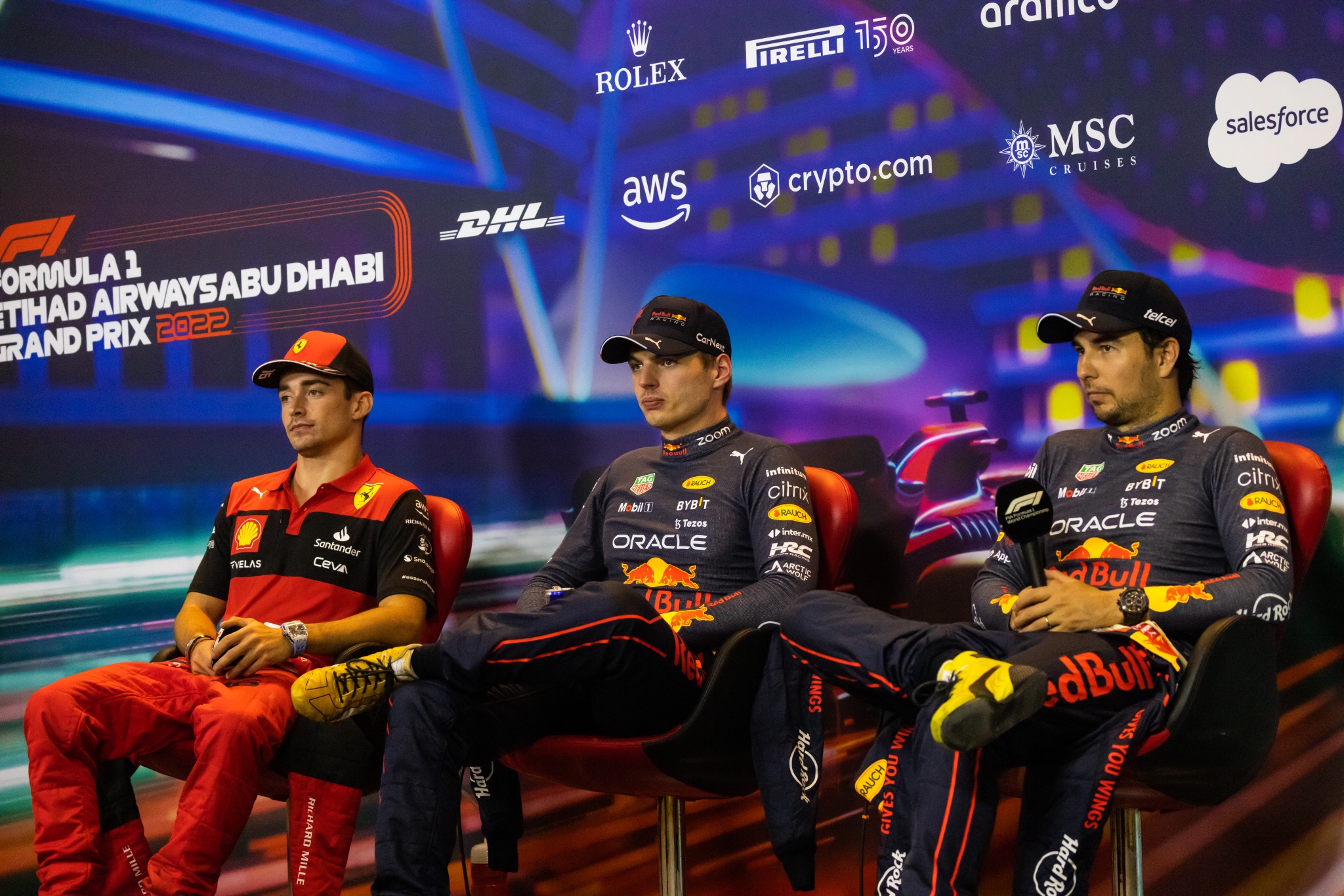 (L to R): Charles Leclerc (MON) Ferrari; Max Verstappen (NLD) Red Bull Racing; and Sergio Perez (MEX) Red Bull Racing, in