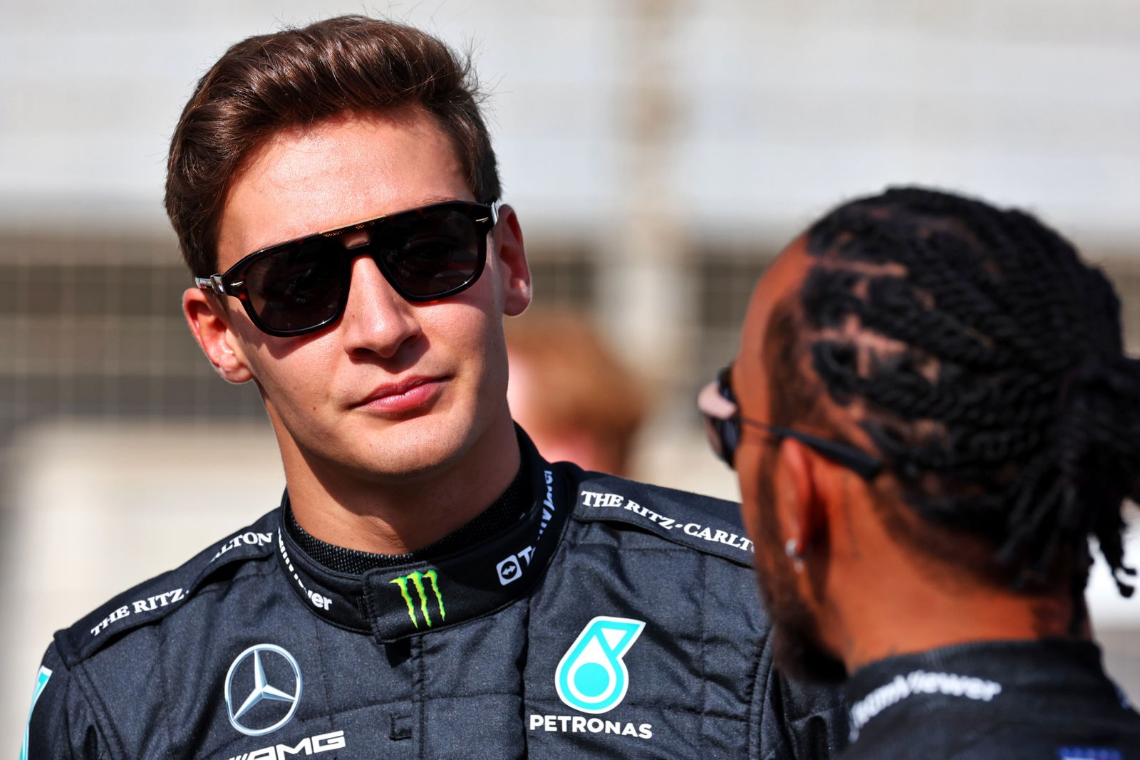 George Russell (GBR) Mercedes AMG F1 and team mate Lewis Hamilton (GBR) Mercedes AMG F1. Formula 1 Testing, Sakhir,