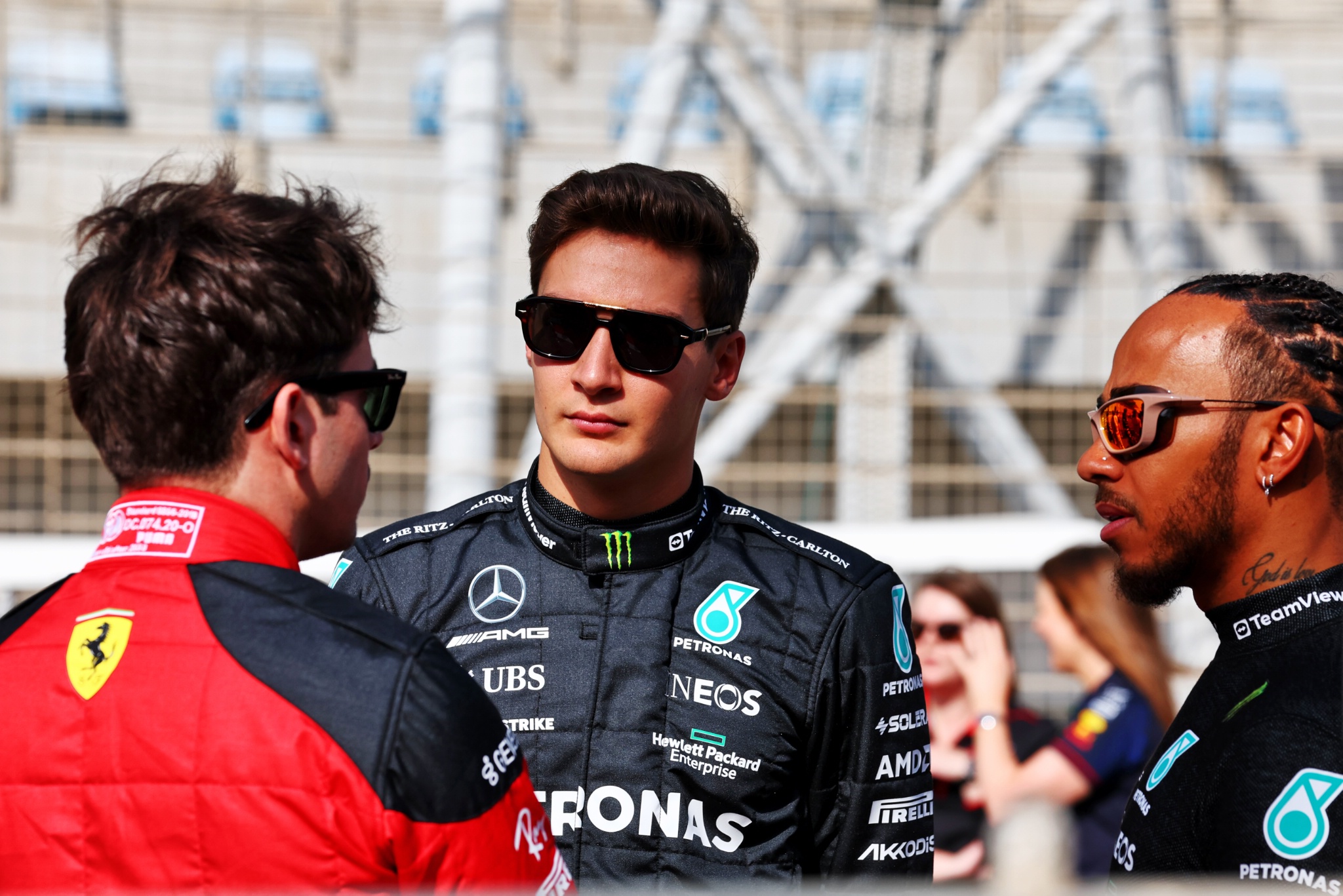 (L to R): Charles Leclerc (MON) Ferrari with George Russell (GBR) Mercedes AMG F1 and Lewis Hamilton (GBR) Mercedes AMG