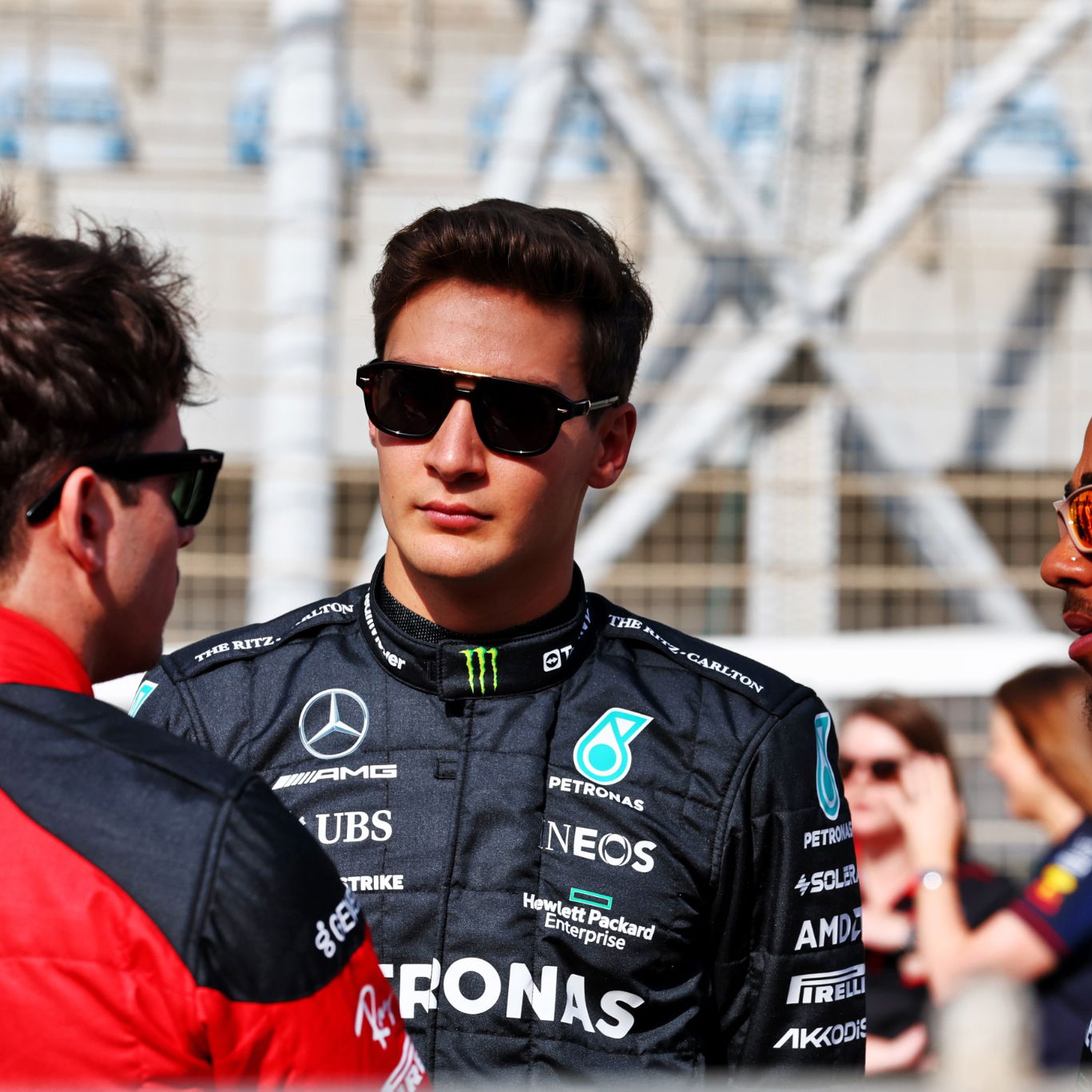 (L to R): Charles Leclerc (MON) Ferrari with George Russell (GBR) Mercedes AMG F1 and Lewis Hamilton (GBR) Mercedes AMG