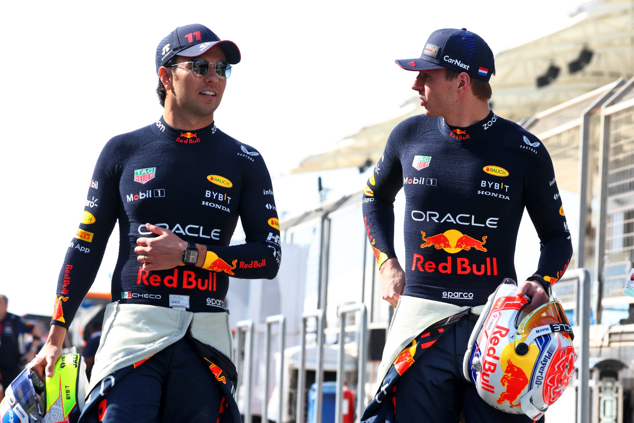 (L to R): Sergio Perez (MEX) Red Bull Racing and team mate Max Verstappen (NLD) Red Bull Racing. Formula 1 Testing,