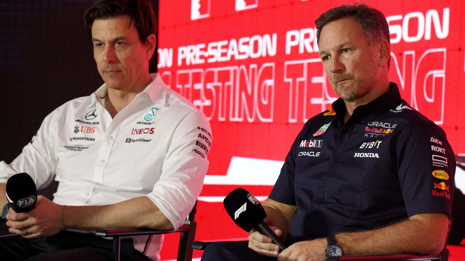 (L to R): Toto Wolff (GER) Mercedes AMG F1 Shareholder and Executive Director and Christian Horner (GBR) Red Bull Racing