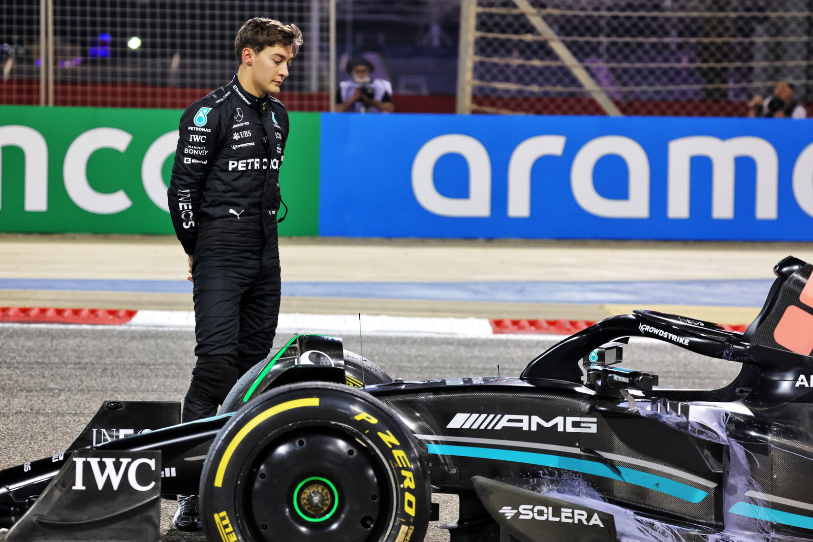 George Russell (GBR) Mercedes AMG F1 W14 stopped on the circuit. Formula 1 Testing, Sakhir, Bahrain, Day Two.-