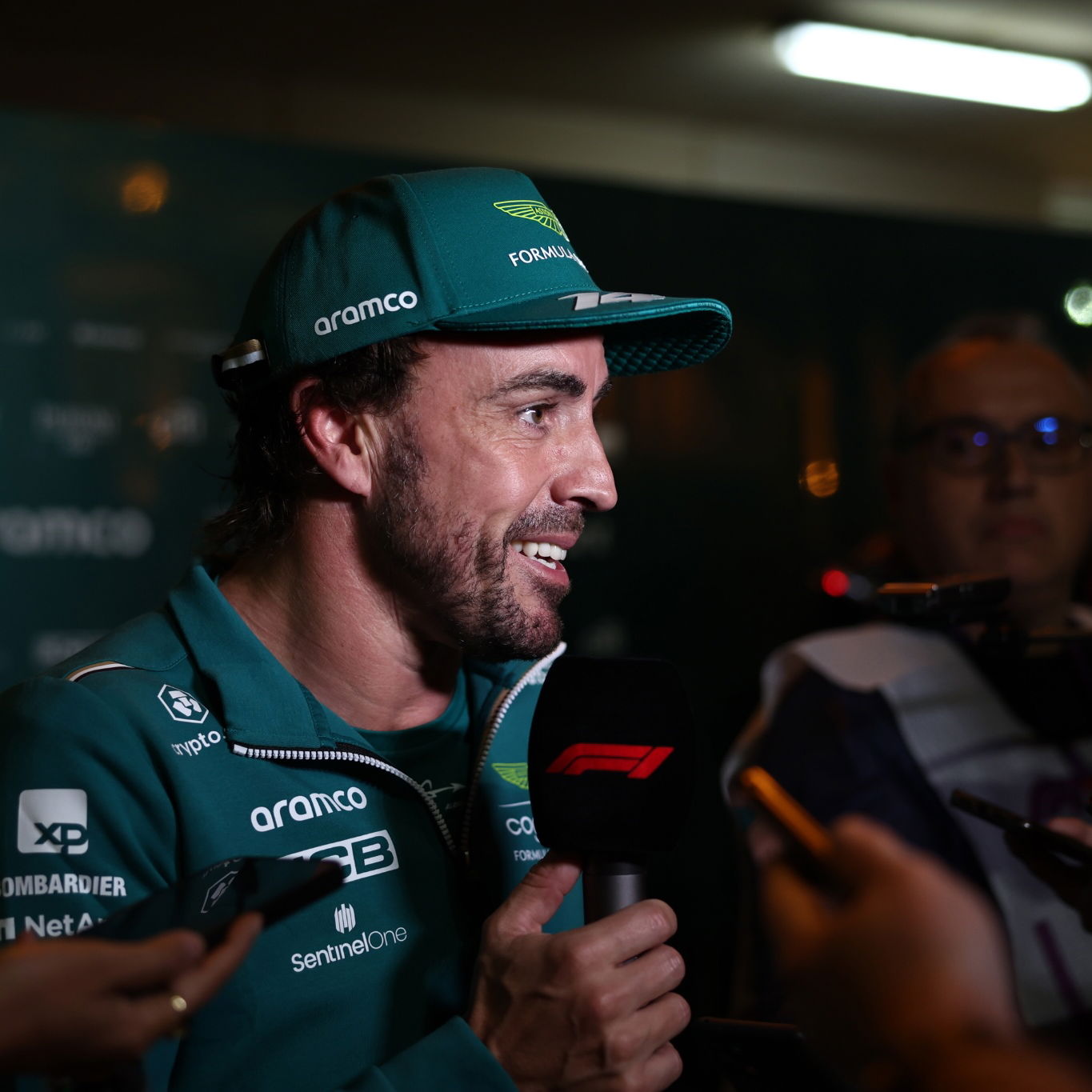 Fernando Alonso (ESP) Aston Martin F1 Team with the media. Formula 1 World Championship, Rd 1, Bahrain Grand Prix, Sakhir,
