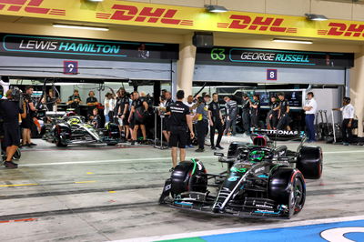 George Russell (GBR) Mercedes AMG F1 W14 leaves the pits with team mate Lewis Hamilton (GBR) Mercedes AMG F1 W14. Formula