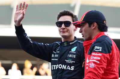 (L to R): George Russell (GBR) Mercedes AMG F1 and Carlos Sainz Jr (ESP) Ferrari on the drivers' parade. Formula 1 World