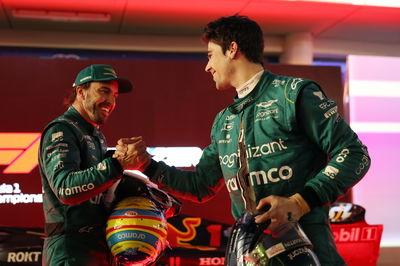 (L to R): Fernando Alonso (ESP) Aston Martin F1 Team celebrates his third position with team mate Lance Stroll (CDN) Aston