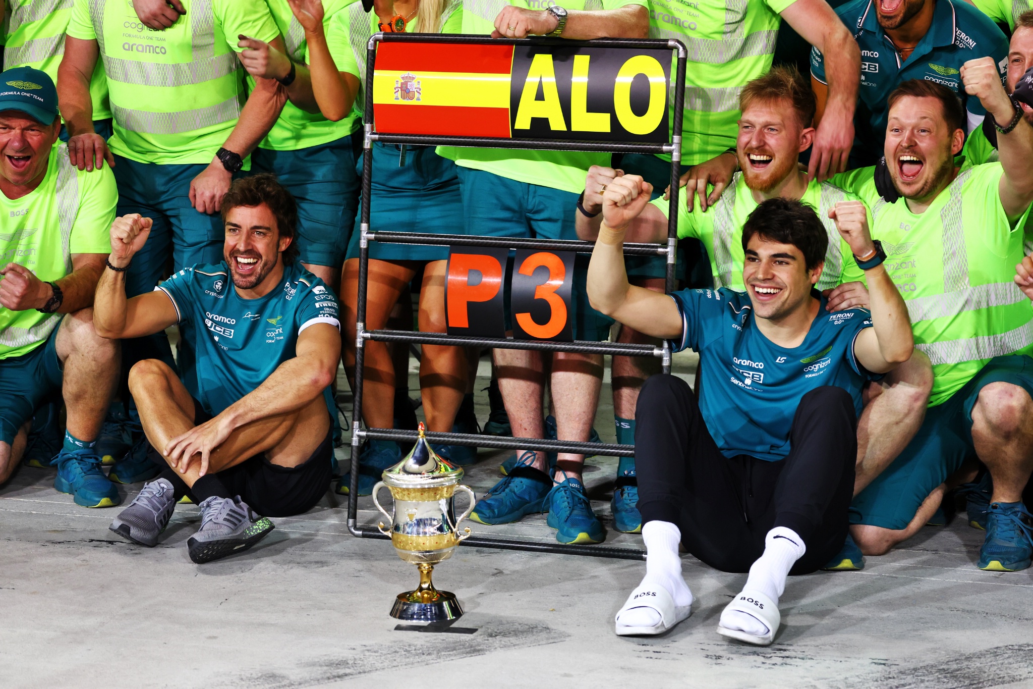 Lance Stroll (CDN) Aston Martin F1 Team (Right) celebrates third position for Fernando Alonso (ESP) Aston Martin F1 Team