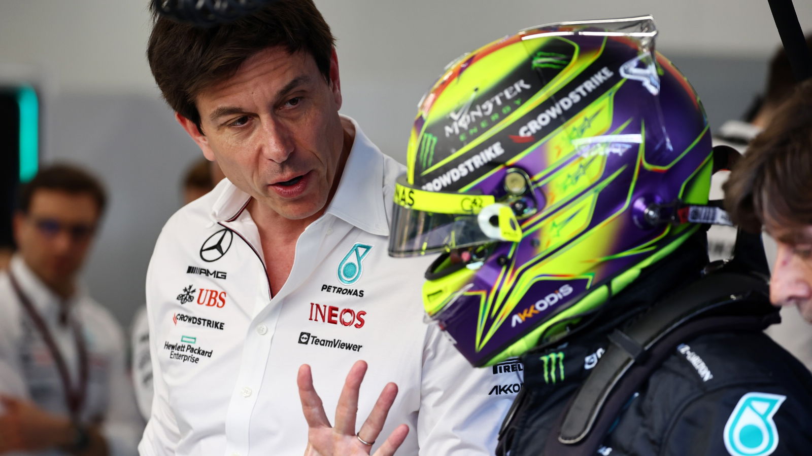 (L to R): Toto Wolff (GER) Mercedes AMG F1 Shareholder and Executive Director with Lewis Hamilton (GBR) Mercedes AMG F1.
