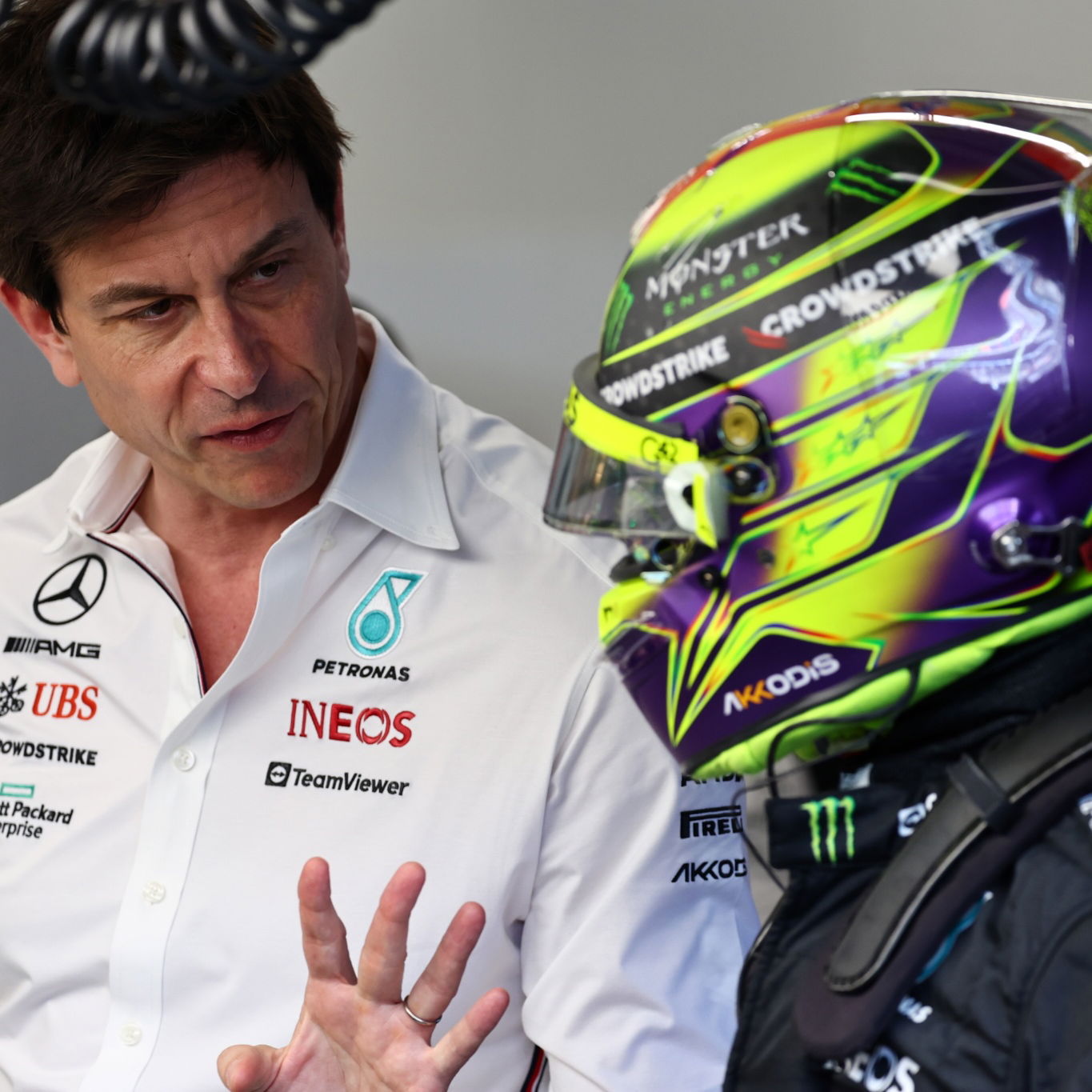 (L to R): Toto Wolff (GER) Mercedes AMG F1 Shareholder and Executive Director with Lewis Hamilton (GBR) Mercedes AMG F1.