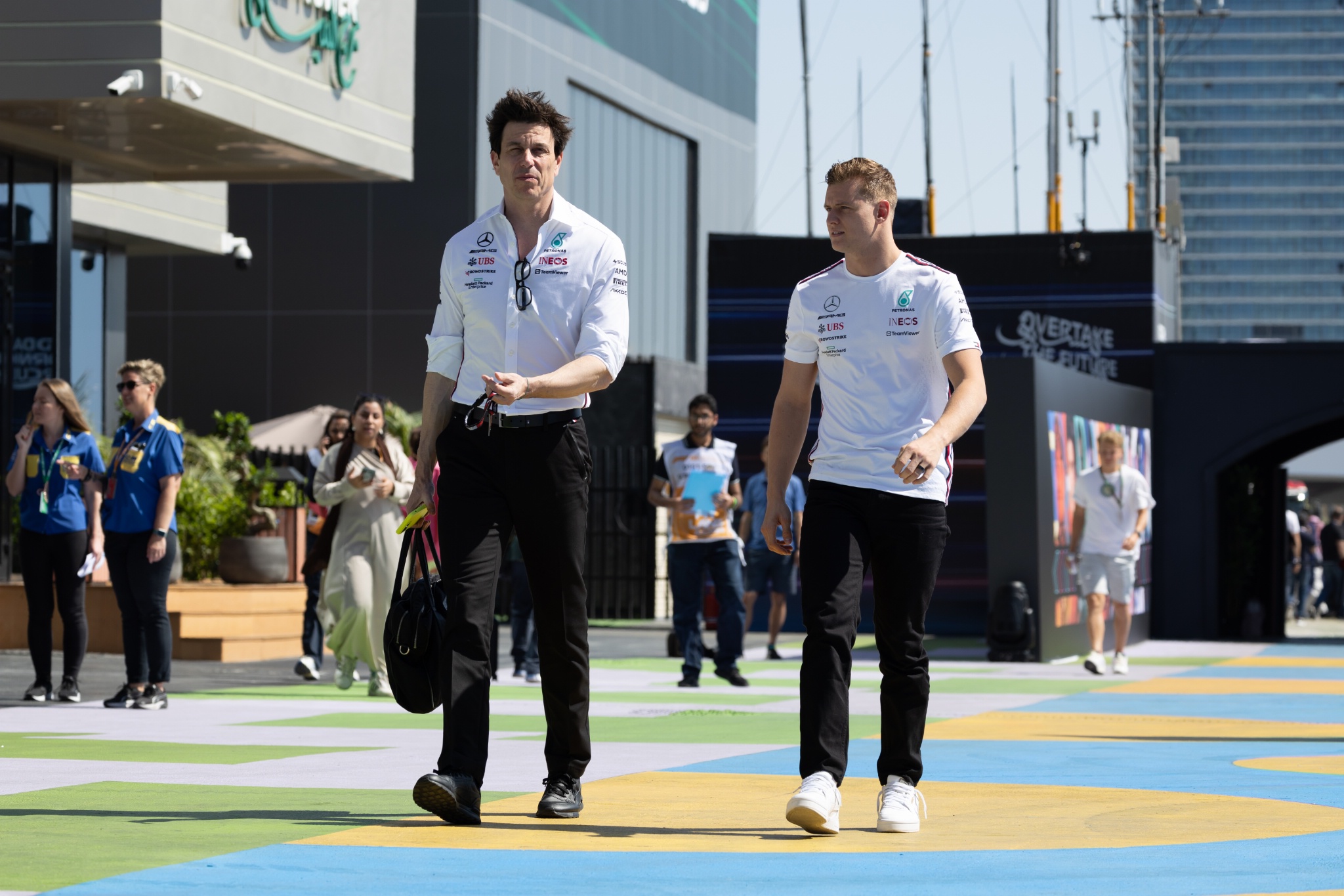 (L to R): Toto Wolff (GER) Mercedes AMG F1 Shareholder and Executive Director with Mick Schumacher (GER) Mercedes AMG F1