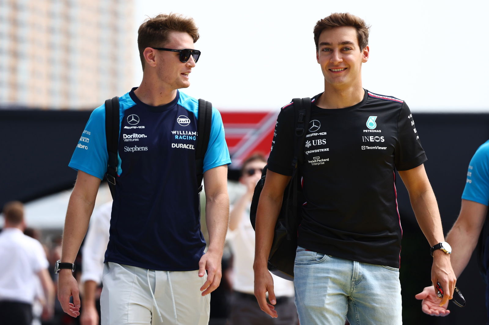 (L to R): Logan Sargeant (USA) Williams Racing with George Russell (GBR) Mercedes AMG F1. Formula 1 World Championship, Rd