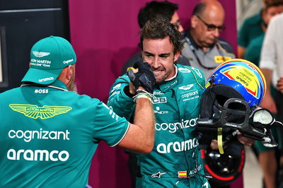 Fernando Alonso (ESP) Aston Martin F1 Team celebrates his third position in qualifying parc ferme. Formula 1 World