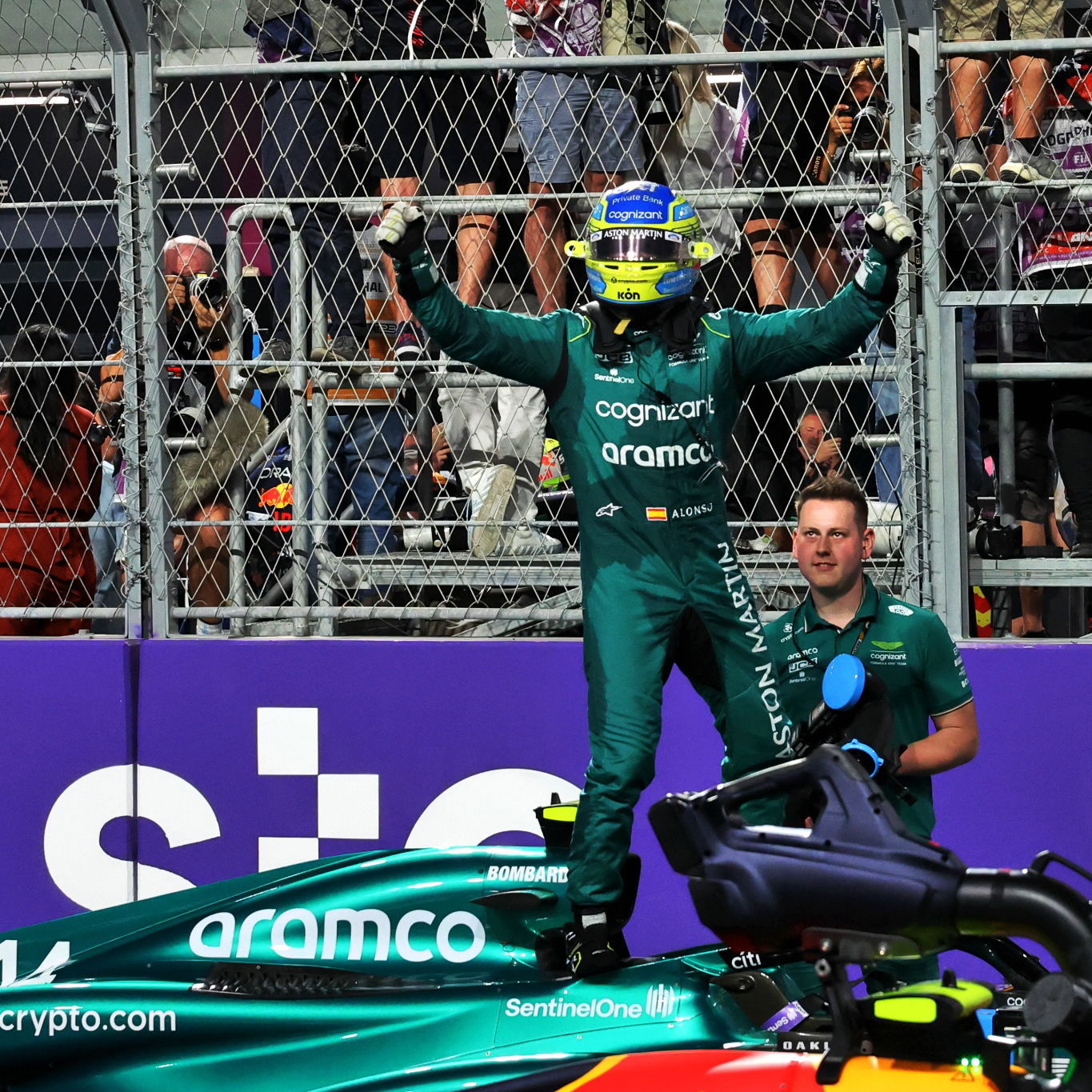 Fernando Alonso (ESP) Aston Martin F1 Team AMR23 celebrates his fourth position in parc ferme. Formula 1 World