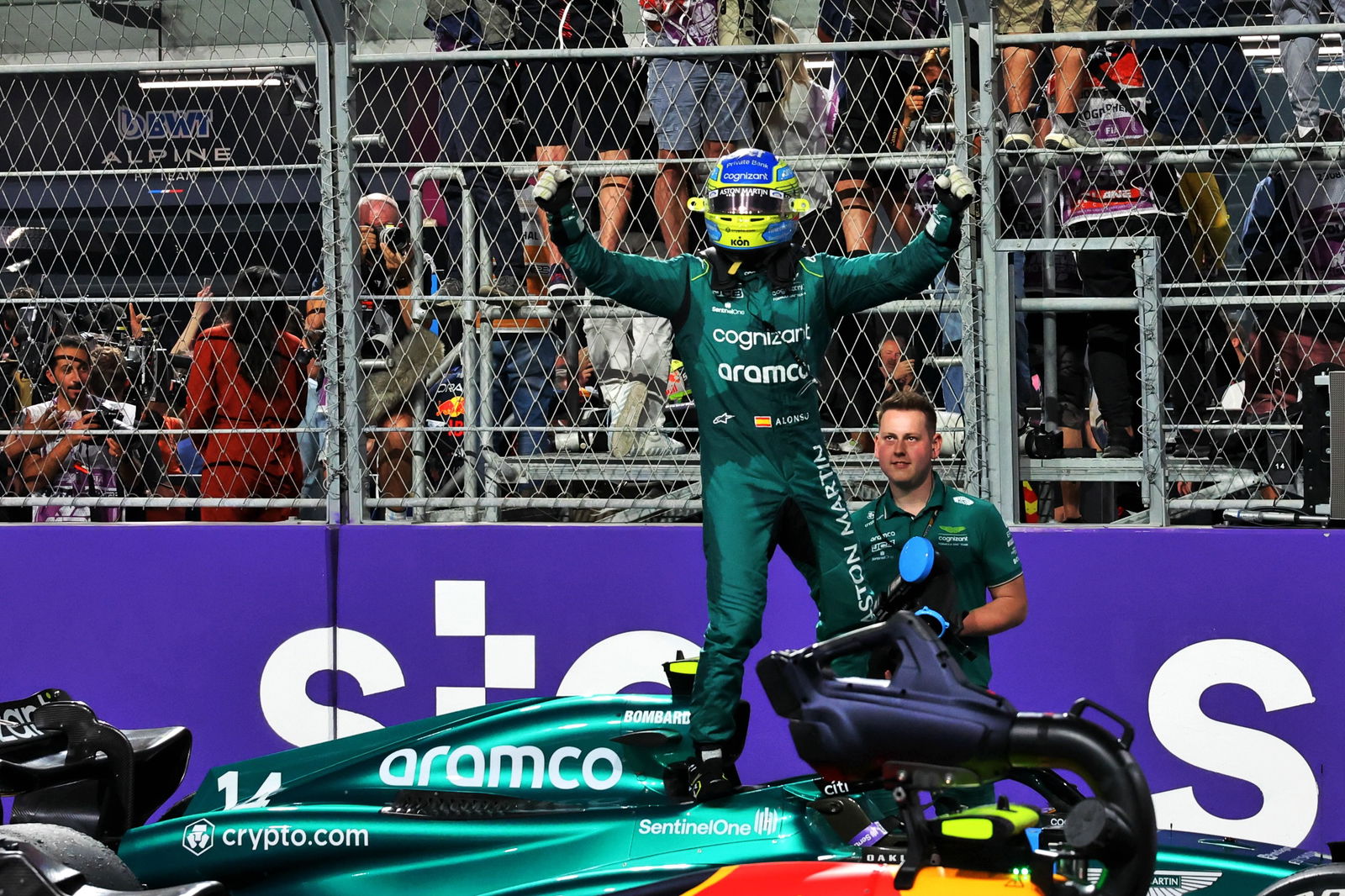 Fernando Alonso (ESP) Aston Martin F1 Team AMR23 celebrates his fourth position in parc ferme. Formula 1 World