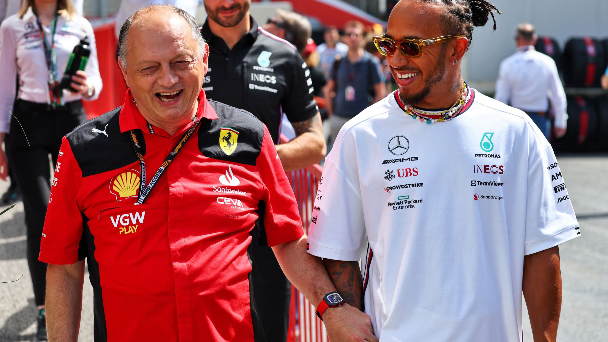 (L to R): Frederic Vasseur (FRA) Ferrari Team Principal with Lewis Hamilton (GBR) Mercedes AMG F1. Formula 1 World