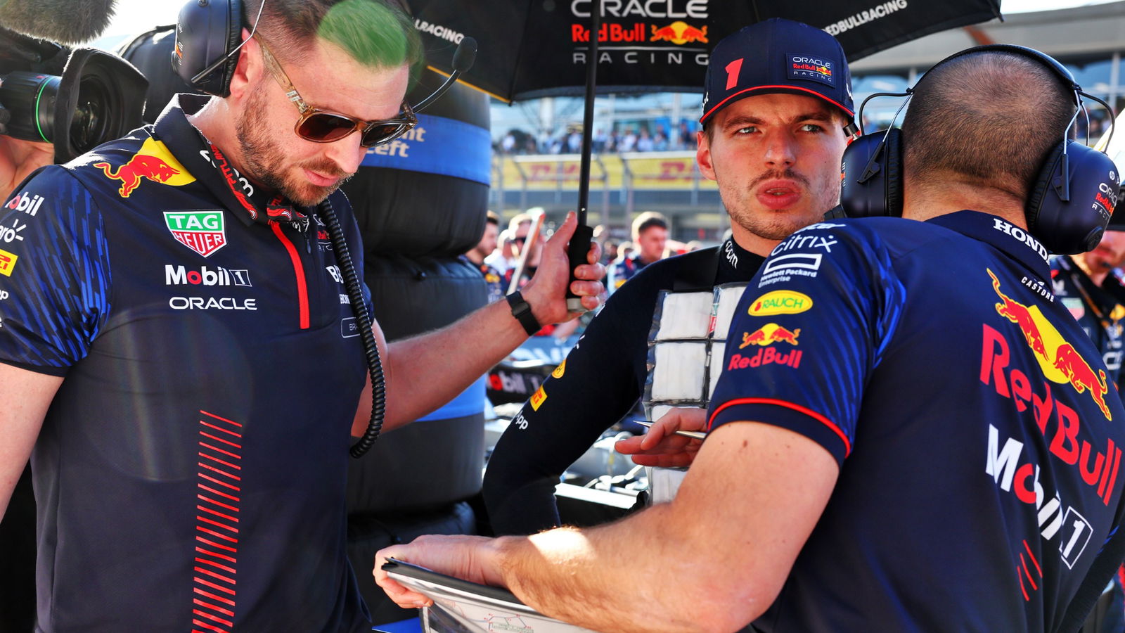 Max Verstappen (NLD) Red Bull Racing with Gianpiero Lambiase (ITA) Red Bull Racing Engineer and Bradley Scanes (GBR) Red