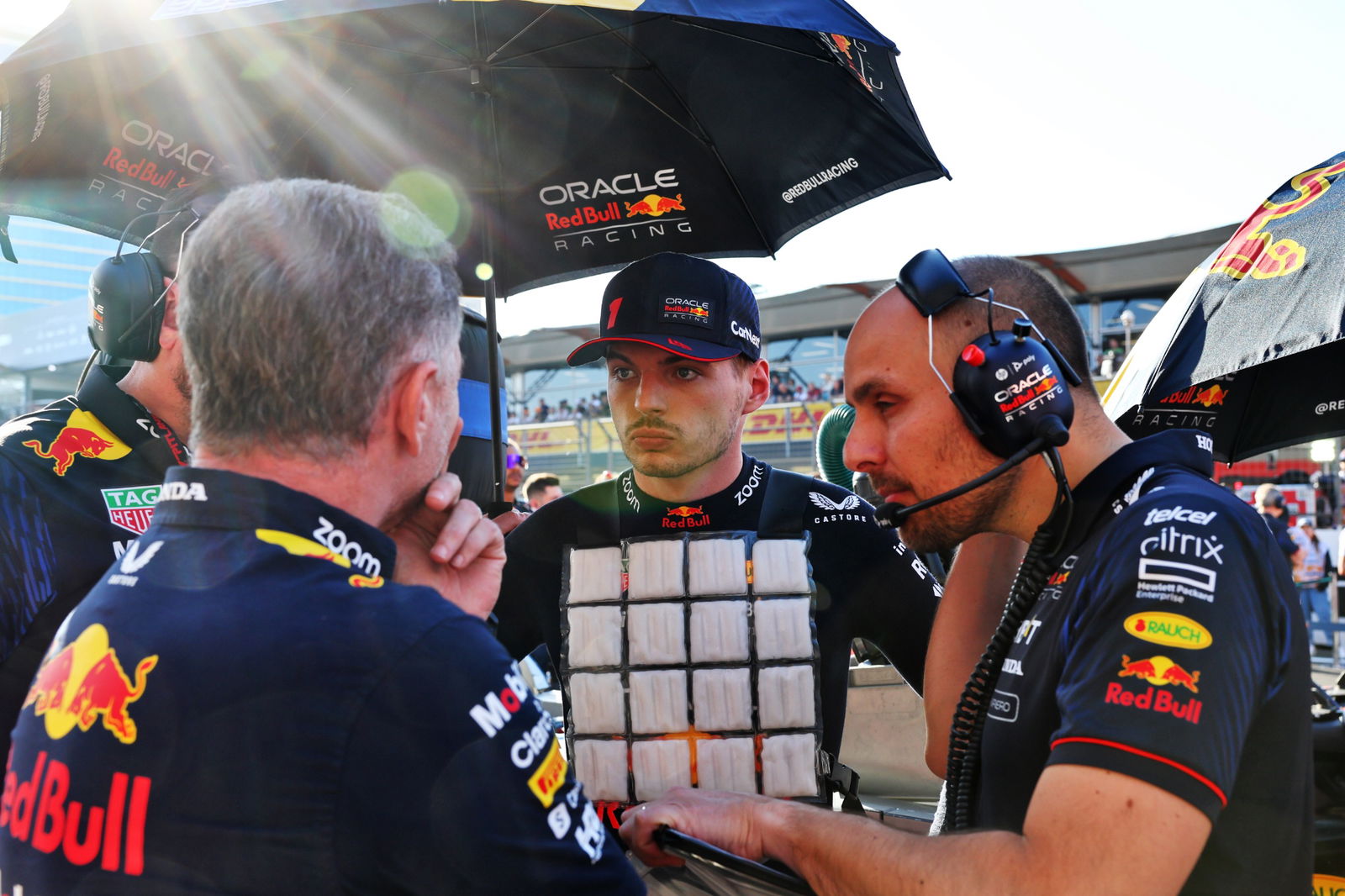 Christian Horner (GBR) Red Bull Racing Team Principal with Max Verstappen (NLD) Red Bull Racing and Gianpiero Lambiase (ITA)